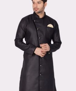 Vastramay Men's Black Cotton Blend Sherwani Only Top
