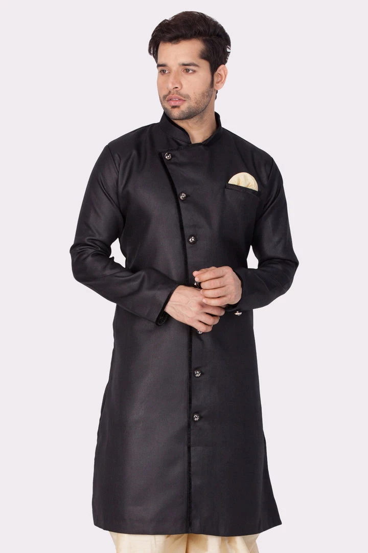Vastramay Men's Black Cotton Blend Sherwani Only Top 4 Vastramay Men's Black Cotton Blend Sherwani Only Top