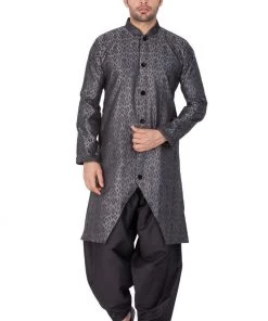 Vastramay Men's Grey And Black Silk Blend Sherwani Set