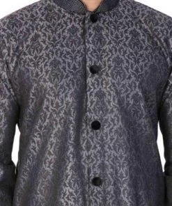 Vastramay Men's Grey And Black Silk Blend Sherwani Set