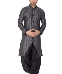 Vastramay Men's Grey And Black Silk Blend Sherwani Set