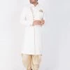 Vastramay Men's White And Gold Cotton Blend Sherwani Set