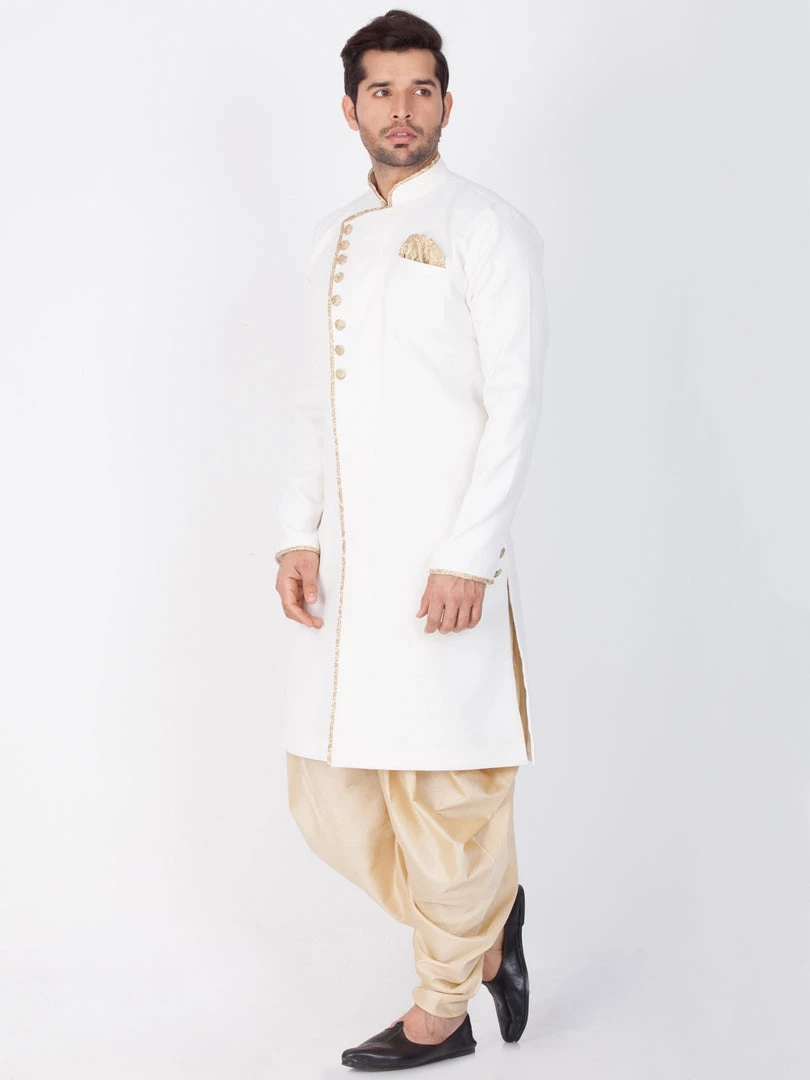 Vastramay Cotton Blend White And Gold Baap Beta Sherwani Set Sherwani/Indowestern 6 Vastramay Cotton Blend White And Gold Baap Beta Sherwani Set Sherwani/Indowestern