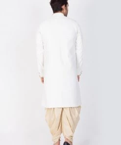 Vastramay Men's White And Gold Cotton Blend Sherwani Set