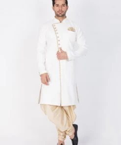 Vastramay Cotton Blend White And Gold Baap Beta Sherwani Set Sherwani/Indowestern