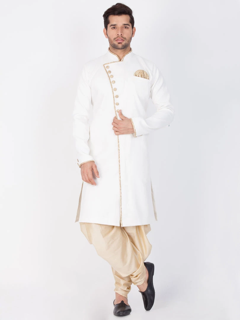 Vastramay Cotton Blend White And Gold Baap Beta Sherwani Set Sherwani/Indowestern 4 Vastramay Cotton Blend White And Gold Baap Beta Sherwani Set Sherwani/Indowestern