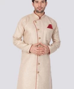 Vastramay Men's Beige Cotton Blend Sherwani Only Top