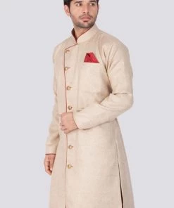 Vastramay Men's Beige Cotton Blend Sherwani Only Top