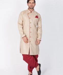 Vastramay Men's Beige Cotton Blend Sherwani Only Top