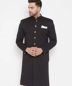 Vastramay Men's Black Silk Blend Sherwani Top Sherwani/Indowestern Sets