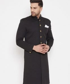 Vastramay Men's Black Silk Blend Sherwani Top Sherwani/Indowestern Sets