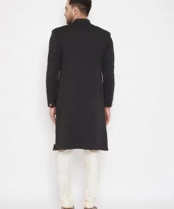 Sherwani/Indowestern Sets Vastramay Men's Black Silk Blend Sherwani Set