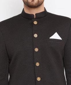 Sherwani/Indowestern Sets Vastramay Men's Black Silk Blend Sherwani Set