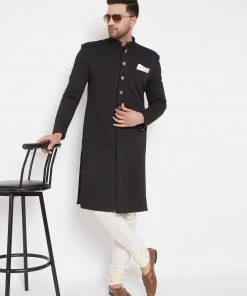 Sherwani/Indowestern Sets Vastramay Men's Black Silk Blend Sherwani Set