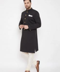 Sherwani/Indowestern Sets Vastramay Men's Black Silk Blend Sherwani Set