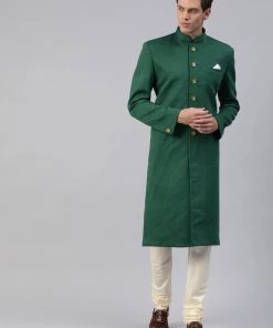 Buy 1 Get 1 VASTRAMAY Men Green & Off-White Self-Design Sherwani With Churidar