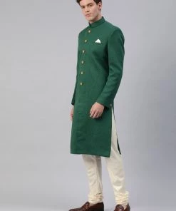 Buy 1 Get 1 VASTRAMAY Men Green & Off-White Self-Design Sherwani With Churidar