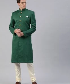Buy 1 Get 1 VASTRAMAY Men Green & Off-White Self-Design Sherwani With Churidar