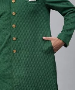 Buy 1 Get 1 VASTRAMAY Men Green & Off-White Self-Design Sherwani With Churidar