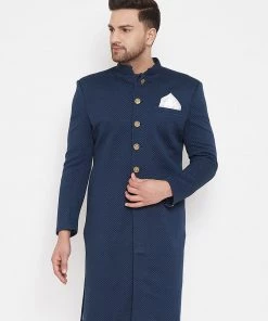 Sherwani/Indowestern Sets VASTRAMAY Men's Navy Blue Silk Blend Sherwani Top