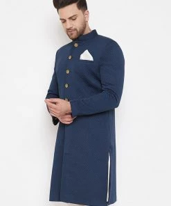 Sherwani/Indowestern Sets VASTRAMAY Men's Navy Blue Silk Blend Sherwani Top