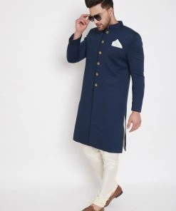 Sherwani/Indowestern Sets VASTRAMAY Men's Navy Blue Silk Blend Sherwani Top