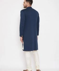 VASTRAMAY Men's Navy Blue Silk Blend Sherwani Set