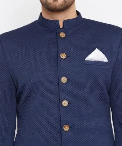 VASTRAMAY Men's Navy Blue Silk Blend Sherwani Set