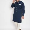 VASTRAMAY Men's Navy Blue Silk Blend Sherwani Set