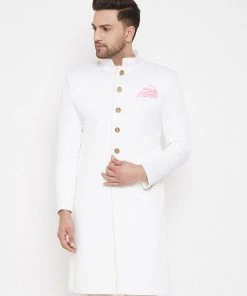 VASTRAMAY Men's White Silk Blend Sherwani Top Buy 1 Get 1