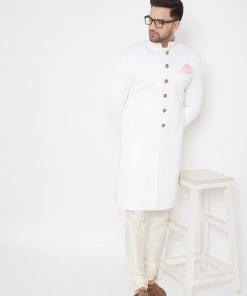VASTRAMAY Men's White Silk Blend Sherwani Top Buy 1 Get 1