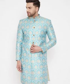Vastramay Men's Sea Green Sherwani -Only Top Sherwani/Indowestern Sets