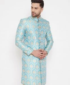 Vastramay Men's Sea Green Sherwani -Only Top Sherwani/Indowestern Sets