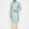 Vastramay Sea Green And Gold Brocade Jacquard Sherwani Set