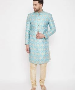 Vastramay Sea Green And Gold Brocade Jacquard Sherwani Set
