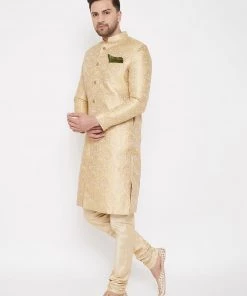 Sherwani/Indowestern Sets VASTRAMAY Men's Golden Brocade Slim Fit Sherwani Set