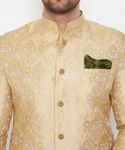 Sherwani/Indowestern Sets VASTRAMAY Men's Golden Brocade Slim Fit Sherwani Set