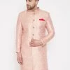 Vastramay Men's Pink Slim Fit Brocade Woven Design Sherwani Set-Only Top Rakhi