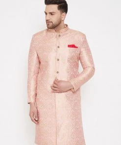 Vastramay Men's Pink Slim Fit Brocade Woven Design Sherwani Set-Only Top Rakhi
