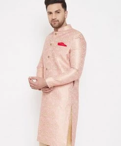 Vastramay Men's Pink Slim Fit Brocade Woven Design Sherwani Set-Only Top Rakhi