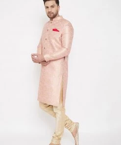 Vastramay Men's Pink And Gold Silk Blend Sherwani Set Rakhi