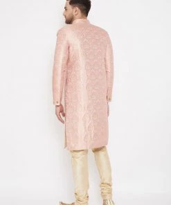 Vastramay Men's Pink And Gold Silk Blend Sherwani Set Rakhi