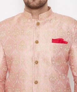 Vastramay Men's Pink And Gold Silk Blend Sherwani Set Rakhi
