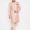 Vastramay Men's Pink And Gold Silk Blend Sherwani Set Rakhi 2 Vastramay Men's Pink And Gold Silk Blend Sherwani Set Rakhi