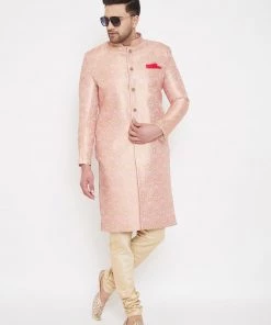 Vastramay Men's Pink And Gold Silk Blend Sherwani Set Rakhi