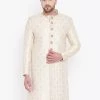 Sherwani/Indowestern Sets VASTRAMAY Men's Beige And Gold Embroidered Brocade Sherwani Top