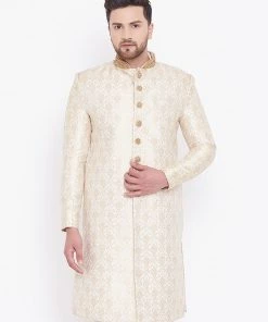 Sherwani/Indowestern Sets VASTRAMAY Men's Beige And Gold Embroidered Brocade Sherwani Top