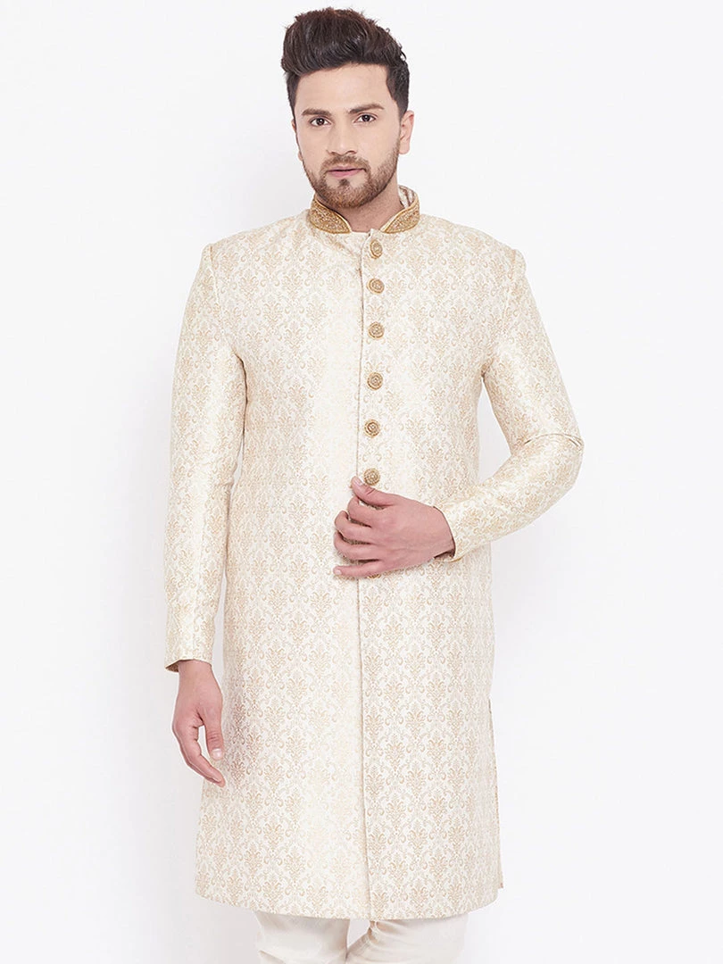 Sherwani/Indowestern Sets VASTRAMAY Men's Beige And Gold Embroidered Brocade Sherwani Top 3 Sherwani/Indowestern Sets VASTRAMAY Men's Beige And Gold Embroidered Brocade Sherwani Top