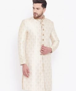 Sherwani/Indowestern Sets VASTRAMAY Men's Beige And Gold Embroidered Brocade Sherwani Top
