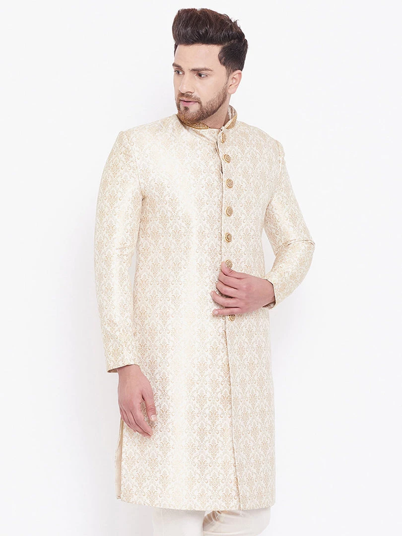 Sherwani/Indowestern Sets VASTRAMAY Men's Beige And Gold Embroidered Brocade Sherwani Top 4 Sherwani/Indowestern Sets VASTRAMAY Men's Beige And Gold Embroidered Brocade Sherwani Top